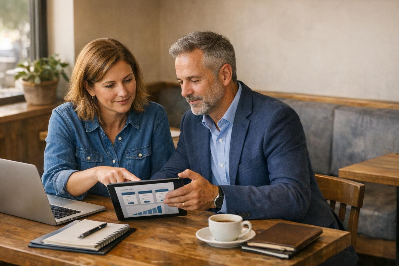 Two professionals reviewing pricing plans on a tablet at a cafe table